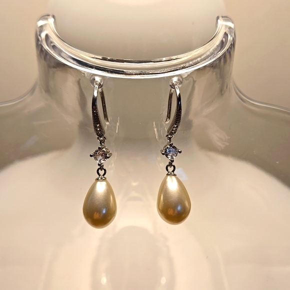 S925 Sterling Silver Dangle Earrings Faux Pearls and Zircon Vintage Style Glam - Picture 3 of 5